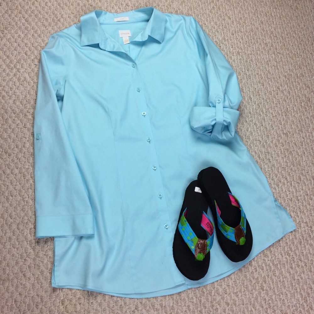 Chico’s aqua long sleeve oversized no iron shirt